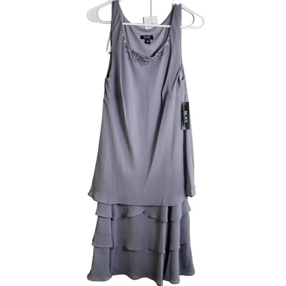 SL Fashions SLNY Women's Concrete Grey Tiered Chiffon Cocktail Dress NWT Size 10 - Picture 2 of 15